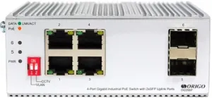 Unmanaged Industrial Switch 4x1000Base-T PoE, 2x1000Base-X SFP, PoE Budget 60W, Surge 4KV