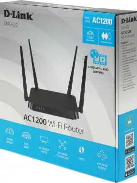  D-Link DIR-822/RU/E1A, Wireless AC1200 Dual-Band Router with 1 10/100Base-TX WAN port and 4 1