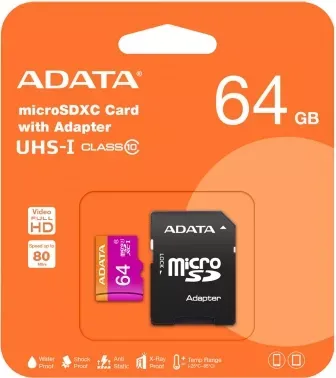   microSDXC 64GB ADATA  UHS-1 CL10 (AUSDX64GUICL10-RA1) + SD adaptor