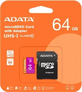   microSDXC 64GB ADATA  UHS-1 CL10 (AUSDX64GUICL10-RA1) + SD adaptor
