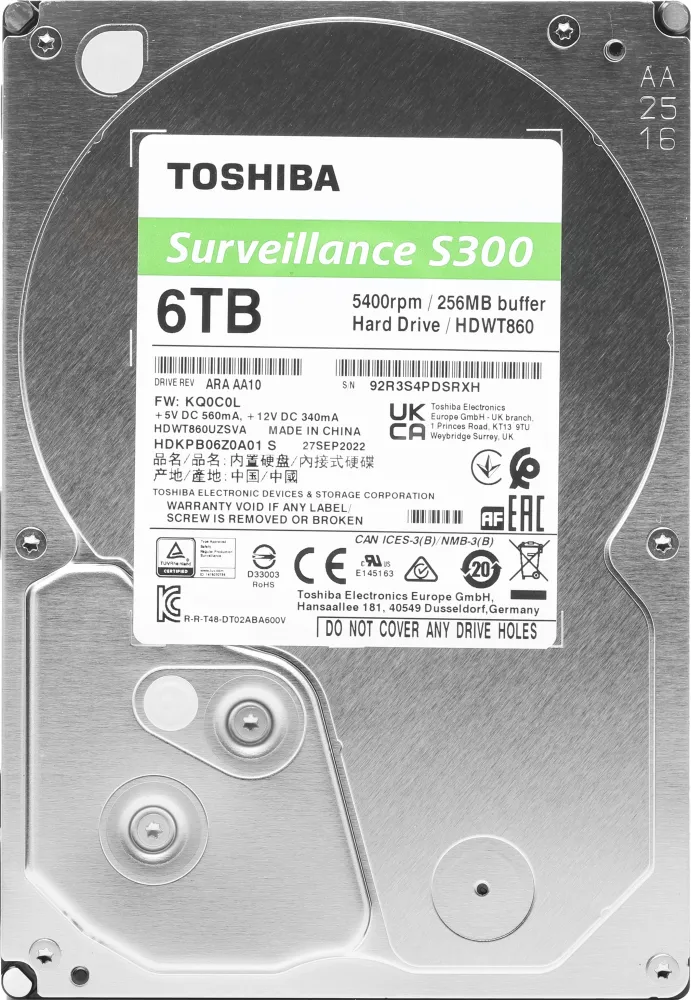Жесткий диск TOSHIBA HDWT860UZSVA/HDKPB06Z0A01S S300 Surveillance 6ТБ 3,5
