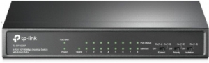  9-port 10/100Mbps unmanaged switch with 8 PoE+ ports, compliant with 802.3af/at PoE, 65W 