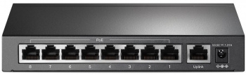  9-port 10/100Mbps unmanaged switch with 8 PoE+ ports, compliant with 802.3af/at PoE, 65W 