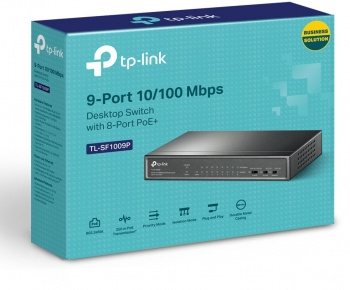  9-port 10/100Mbps unmanaged switch with 8 PoE+ ports, compliant with 802.3af/at PoE, 65W 