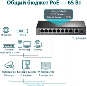  9-port 10/100Mbps unmanaged switch with 8 PoE+ ports, compliant with 802.3af/at PoE, 65W 