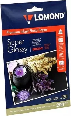 Фотобумага ПРЕМИУМ для стр.печати LOMOND200 г/м2 одностор.Super Glossy Bright 10х15см(20л)