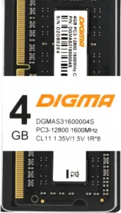   DDR3L 4Gb 1600MHz Digma DGMAS31600004S RTL PC3-12800 CL11 SO-DIMM 204-pin 1.35 s