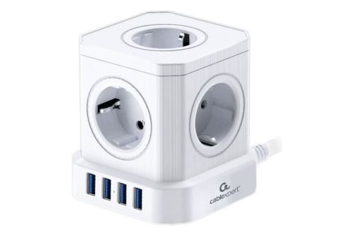 Сетевой фильтр Cablexpert Tower 5р, TWR-5-U4-W-3, 10А, 4хUSB, 3.1А, 3м, ур.защиты 4+, белый, коробка