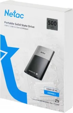  SSD External Netac 500Gb Z9 <NT01Z9-500G-32BK> (USB3.2, up to 550/480MBs, 9047.511.5mm,